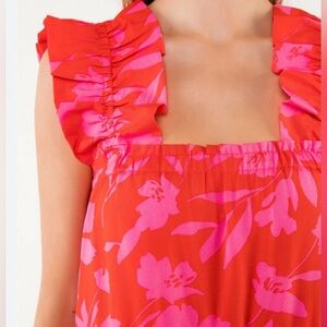 THML Pink Floral Ruffle Strap Blouse | Bubble Hem Tank Top L NWT